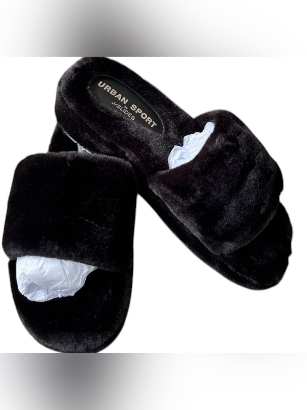 J/SLIDES Black Plush Slide Sandals 💥 Brand New